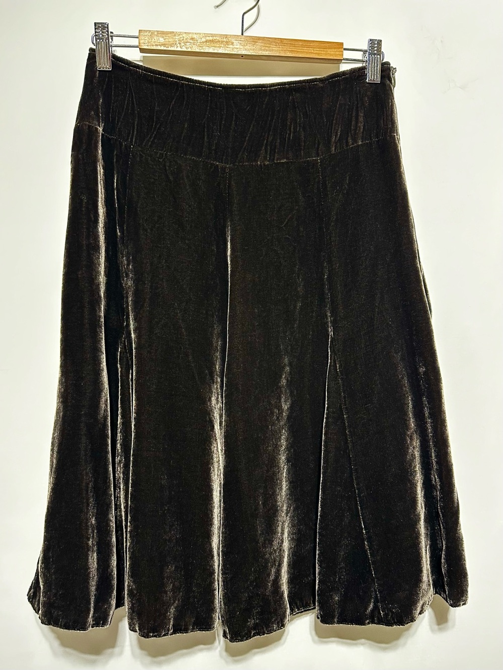 Hirsch Silk Velvet Midi Skirt Size 6 Dark Olive Brown Fall Luxe